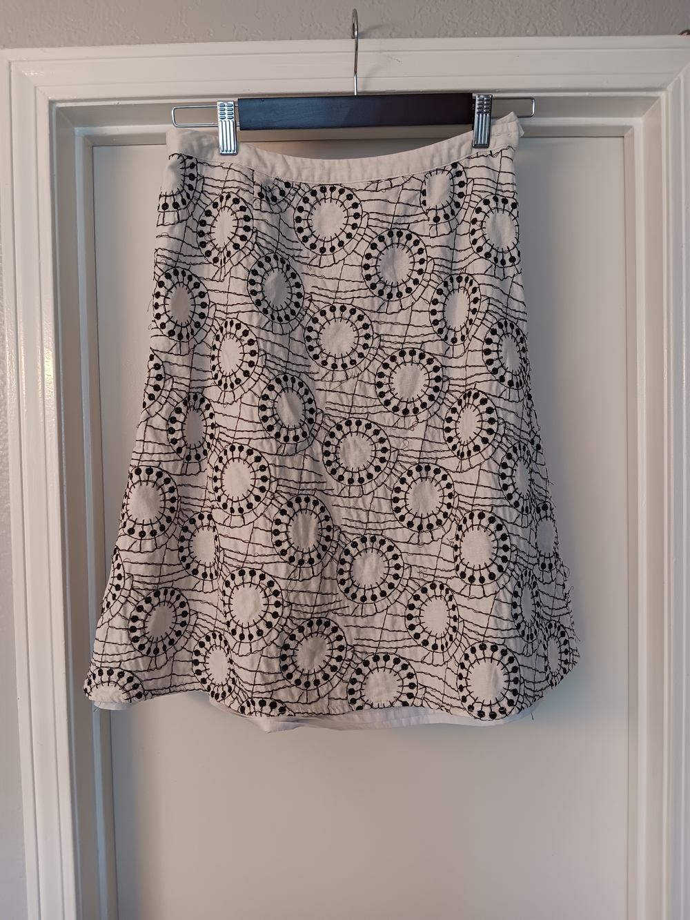 Richard Malcolm Women's White A-Line Skirt with Black Circular Embroidery